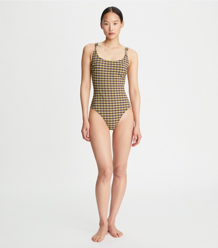 Tory Burch designer one pieces Woven Clip Tank Suit in Purple Veronica Plaid on model front