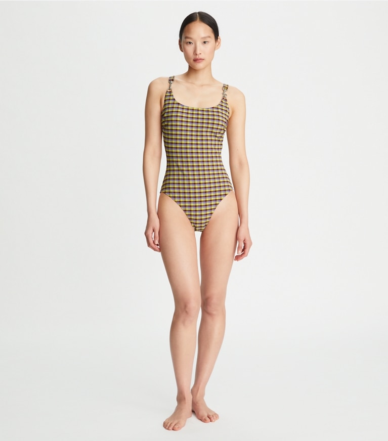 Tory Burch designer one pieces Woven Clip Tank Suit in Purple Veronica Plaid front