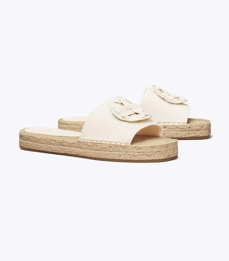 Tory Burch designer espadrilles Woven Double T Espadrille Slide in New Ivory  angle