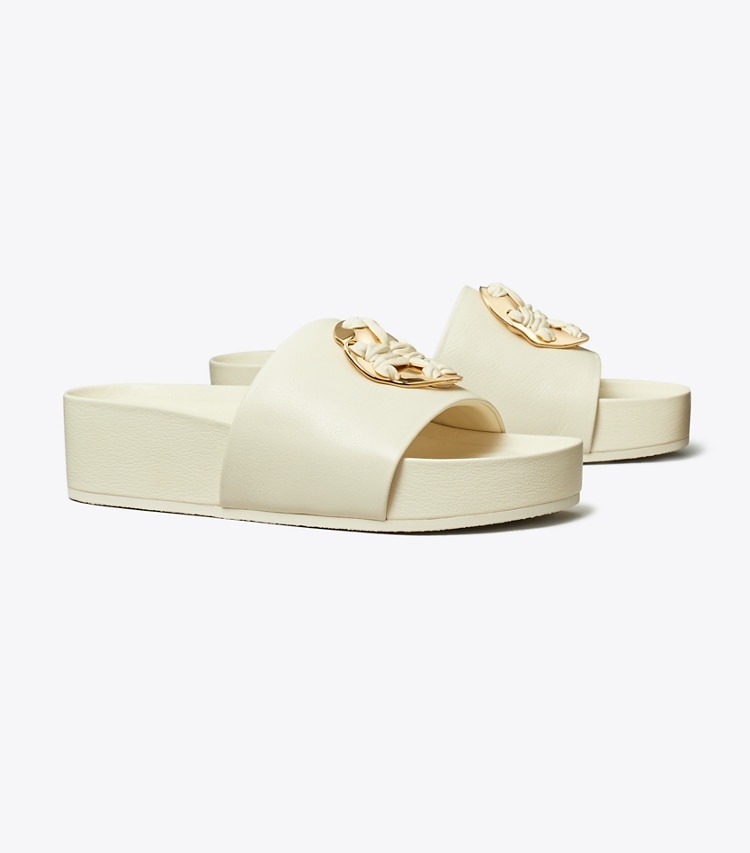 Tory Burch designer sandals Woven Double T Slide in Light Cream angle