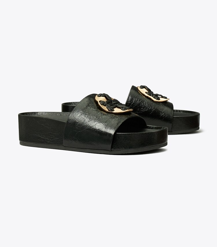 Tory Burch designer sandals Woven Double T Slide in PERFECT BLACK angle