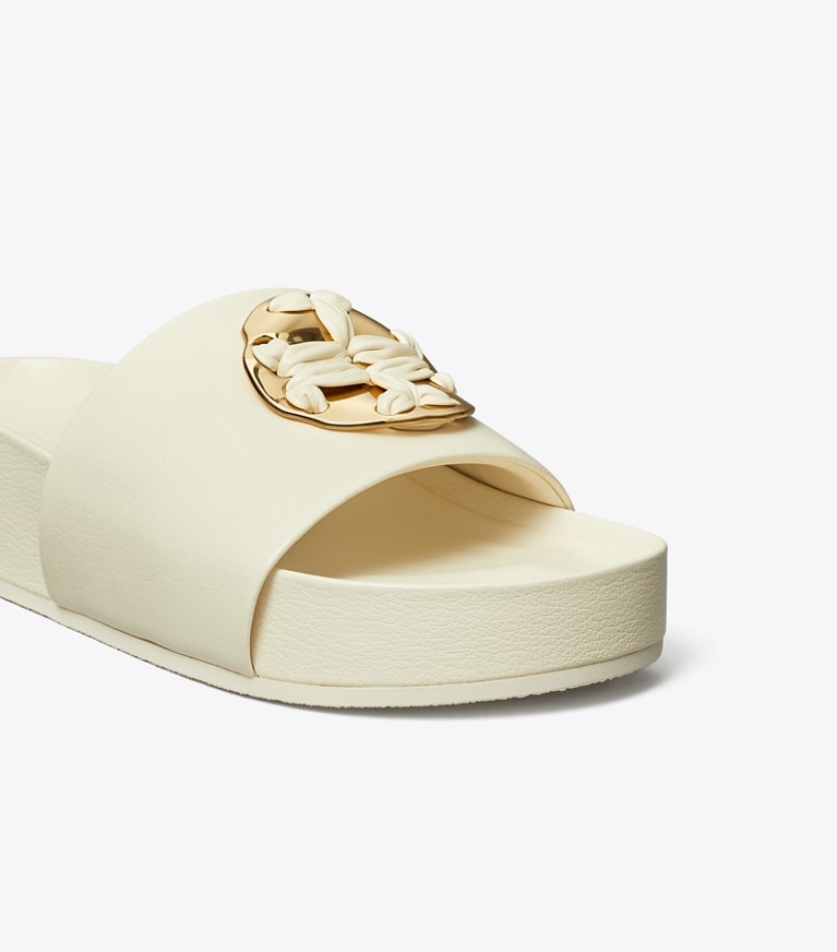 Tory Burch designer sandals Woven Double T Slide in Light Cream angle