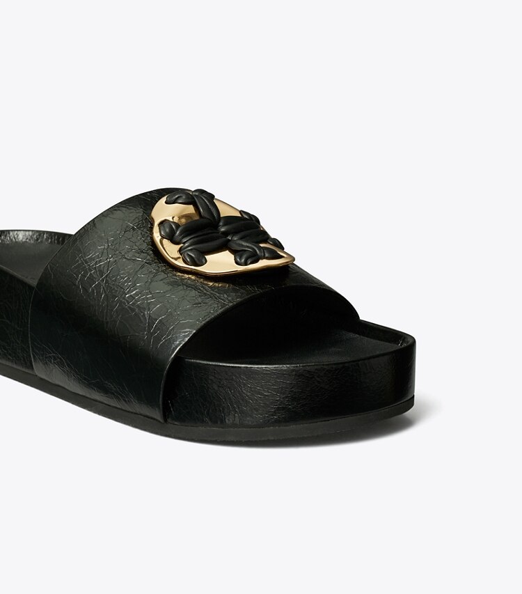 Tory Burch designer sandals Woven Double T Slide in PERFECT BLACK detail