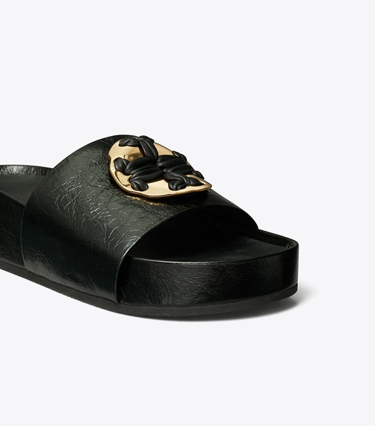 Tory Burch designer sandals Woven Double T Slide in PERFECT BLACK angle