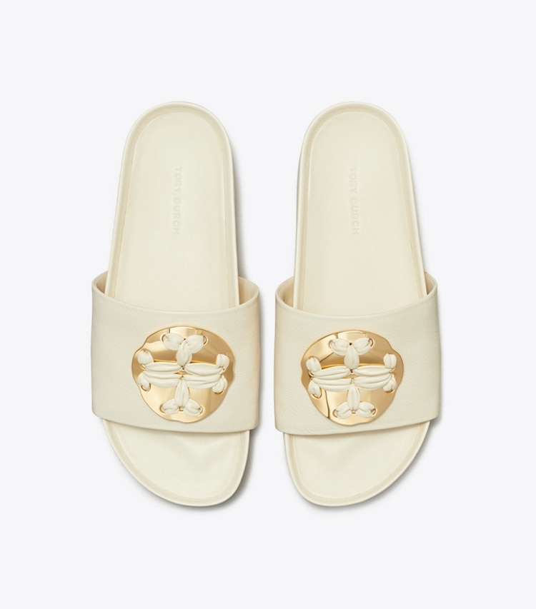 Tory Burch designer sandals Woven Double T Slide in Light Cream overhead