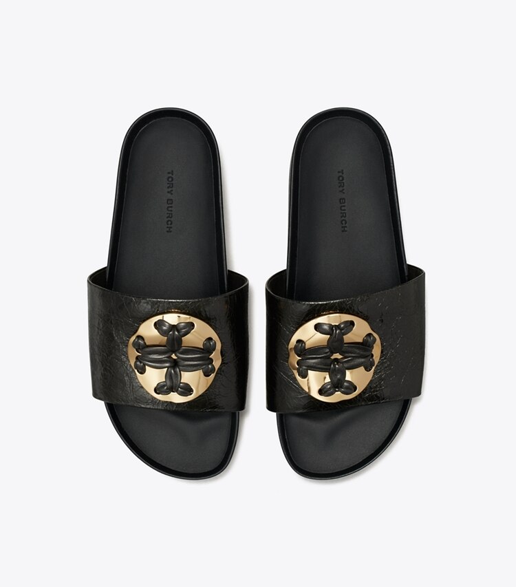 Tory Burch designer sandals Woven Double T Slide in PERFECT BLACK overhead