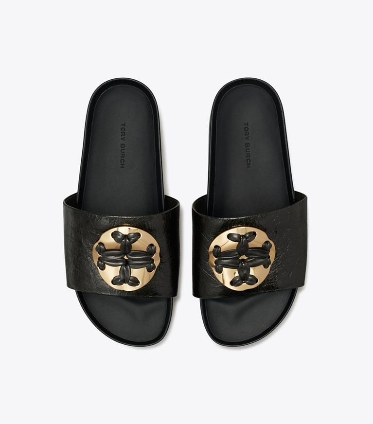 Tory Burch designer sandals Woven Double T Slide in PERFECT BLACK angle