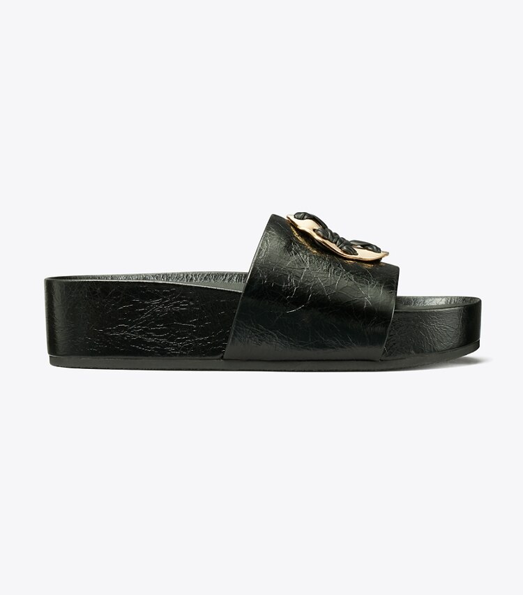 Tory Burch designer sandals Woven Double T Slide in PERFECT BLACK side