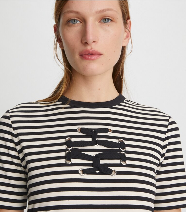 Tory Burch designer tops Woven Double T T-Shirt in Black / New Ivory front main
