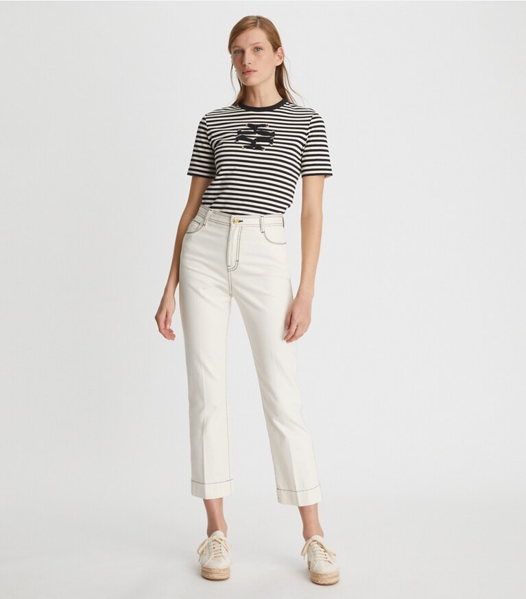 Tory Burch designer tops Woven Double T T-Shirt in Black / New Ivory front main