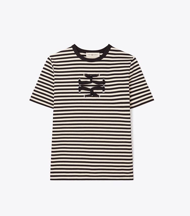 Tory Burch designer tops Woven Double T T-Shirt in Black / New Ivory front main