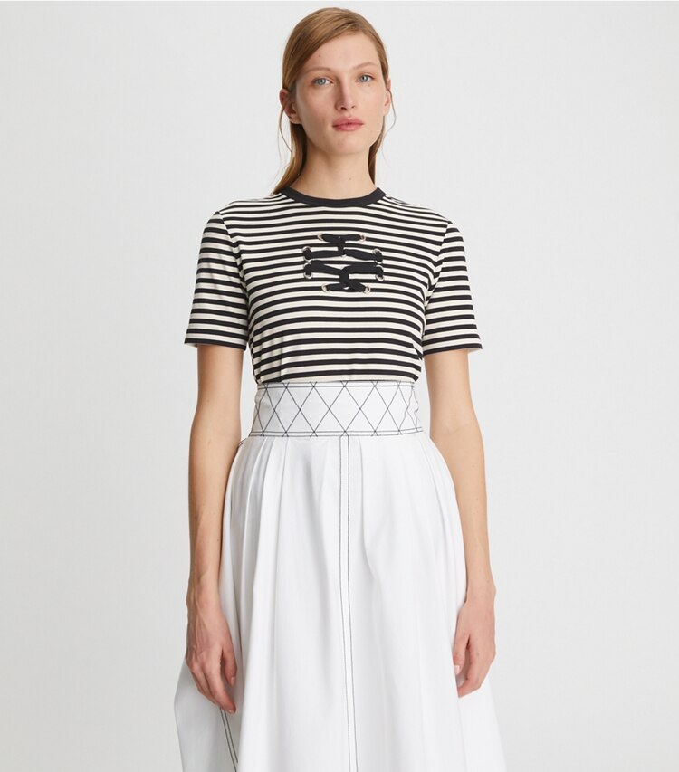 Tory Burch designer tops Woven Double T T-Shirt in Black / New Ivory on model detail