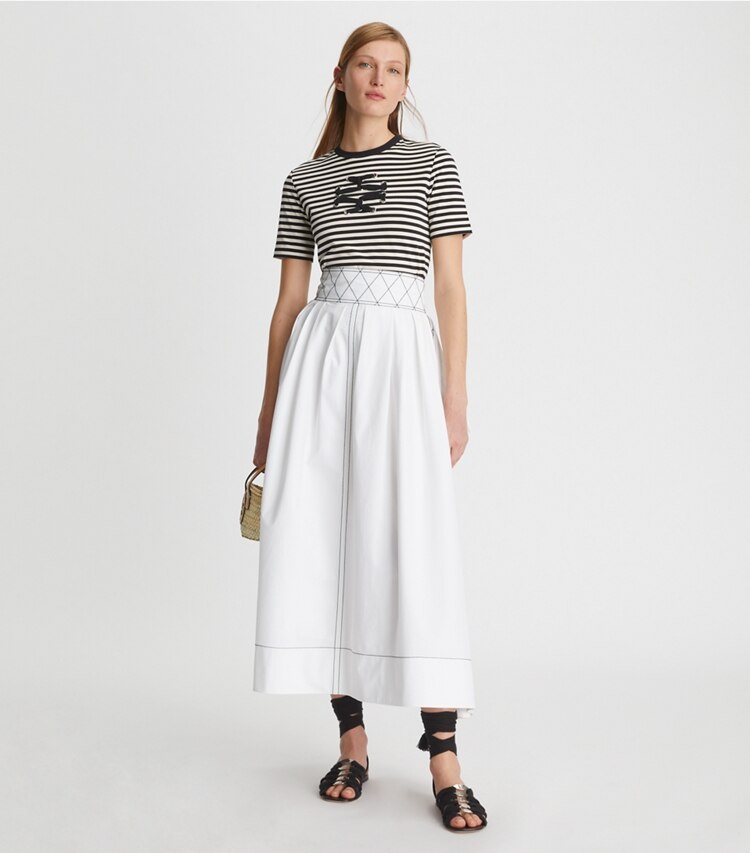 Tory Burch designer tops Woven Double T T-Shirt in Black / New Ivory on model front