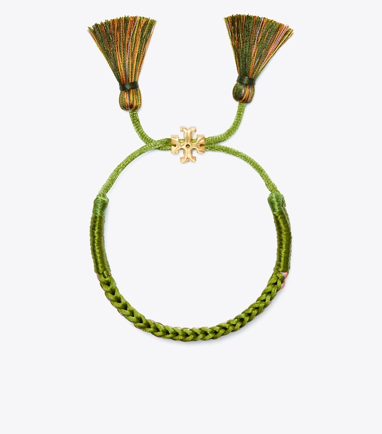 Tory Burch designer bracelets Woven Friendship Bracelet in Rolled Gold / Green Multi detail