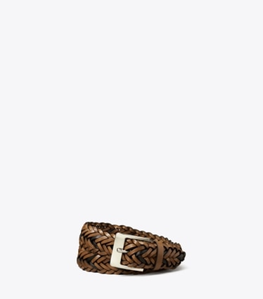 Tory Burch designer belts Woven Leather Belt in Light Brown Multi / Silver front