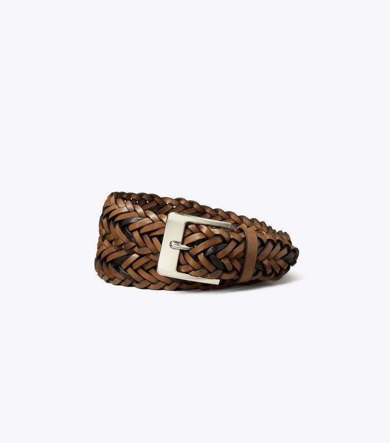 Tory Burch designer ceintures Woven Leather Belt dans Light Brown Multi / Silver de face