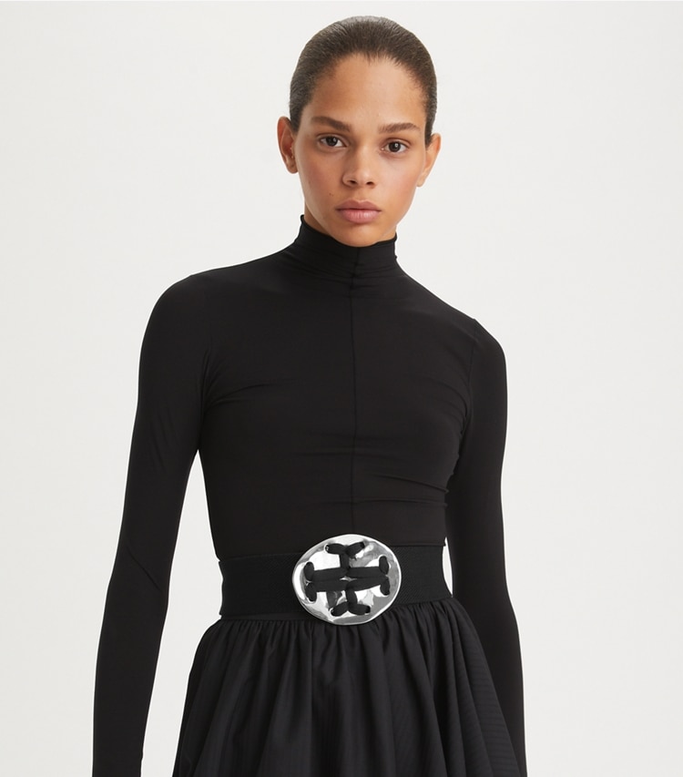 Tory Burch designer belts Woven Logo Belt in Black accessory on model