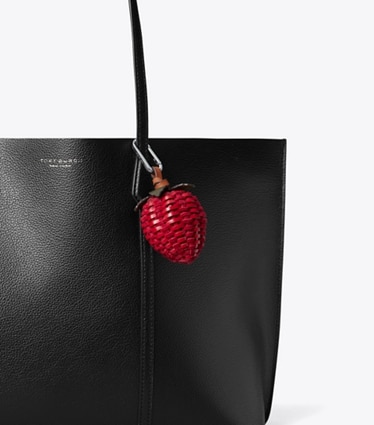 Tory Burch designer bag charms & key rings Woven Strawberry Bag Charm in Toucan Red detail
