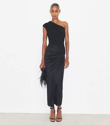 Tory Burch designer bottoms Wrap Jersey Skirt in Black on model front