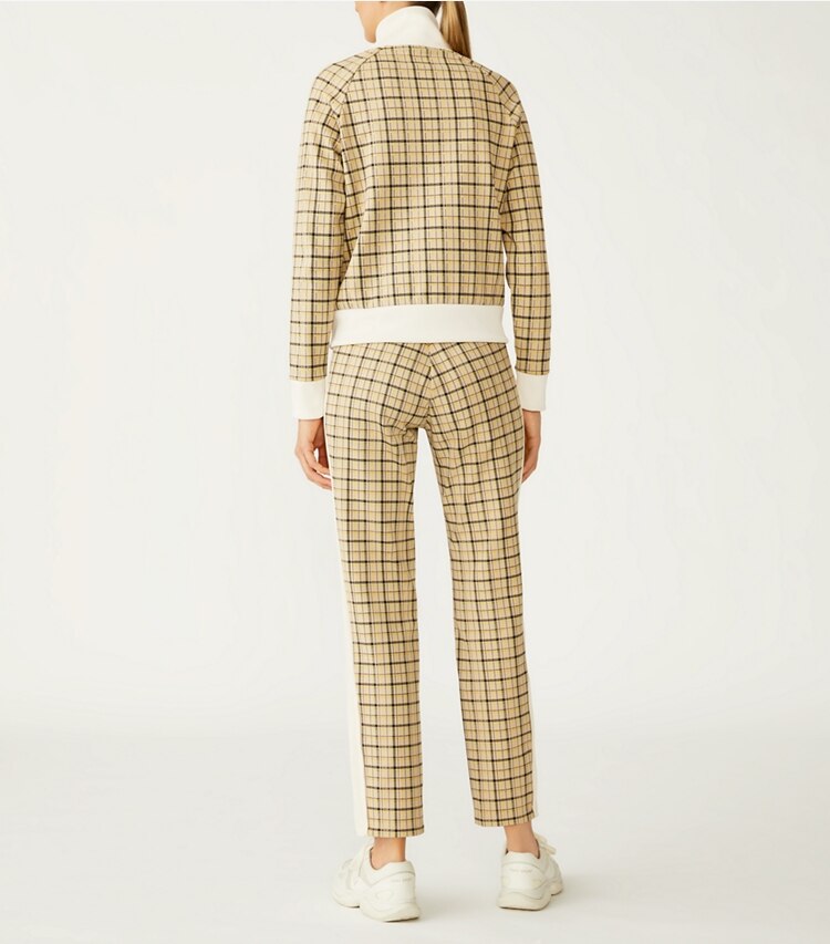 Tory Sport designer bottoms Yarn-Dyed Double Knit Track Pants in Beige Groove Plaid on model back