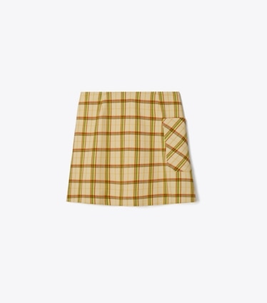 Tory Sport designer bottoms Yarn-Dyed Twill Club Skirt in Beige Party Plaid front