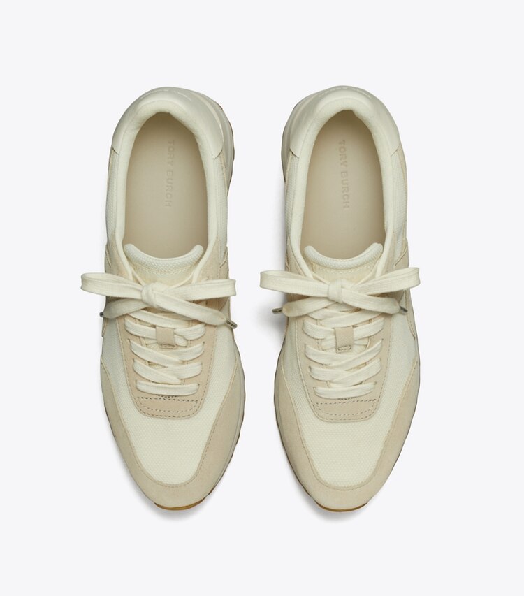 Tory Burch diseñador zapatillas Zapatillas con cuña Hank en NEW IVORY / CALCARE / TITANIUM WHITE vista superior