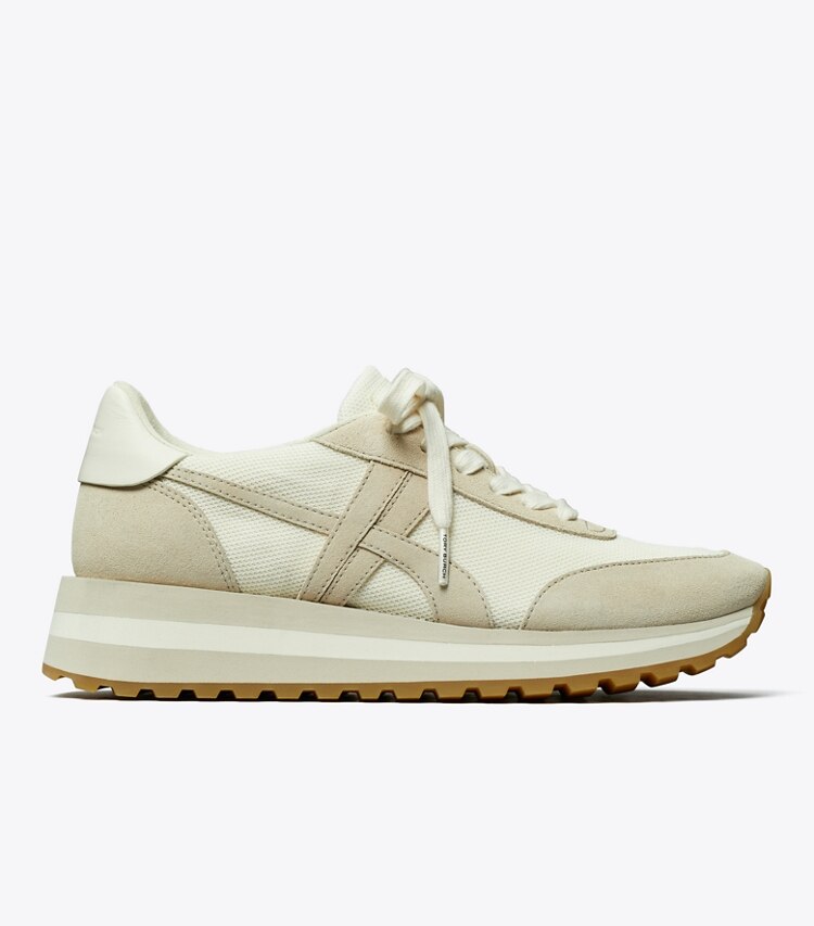 Tory Burch diseñador zapatillas Zapatillas con cuña Hank en NEW IVORY / CALCARE / TITANIUM WHITE lateral