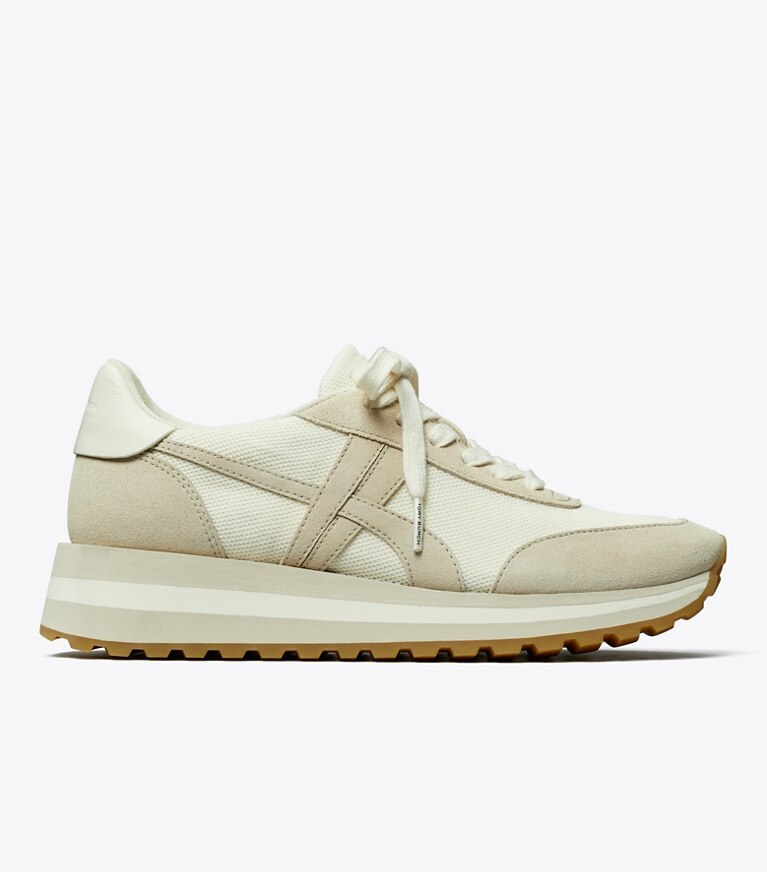 Tory Burch diseñador zapatillas Zapatillas con cuña Hank en NEW IVORY / CALCARE / TITANIUM WHITE lateral