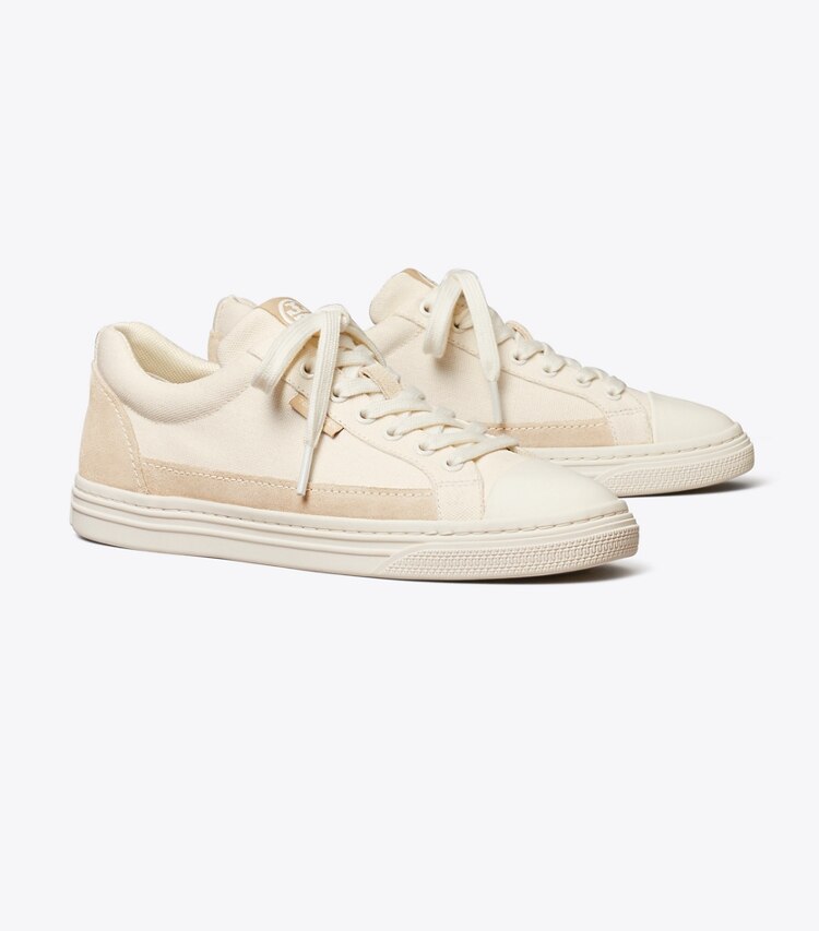 Tory Burch diseñador zapatillas Zapatillas Court clásicas en IVORY CANVAS / NEW CREAM ángulo