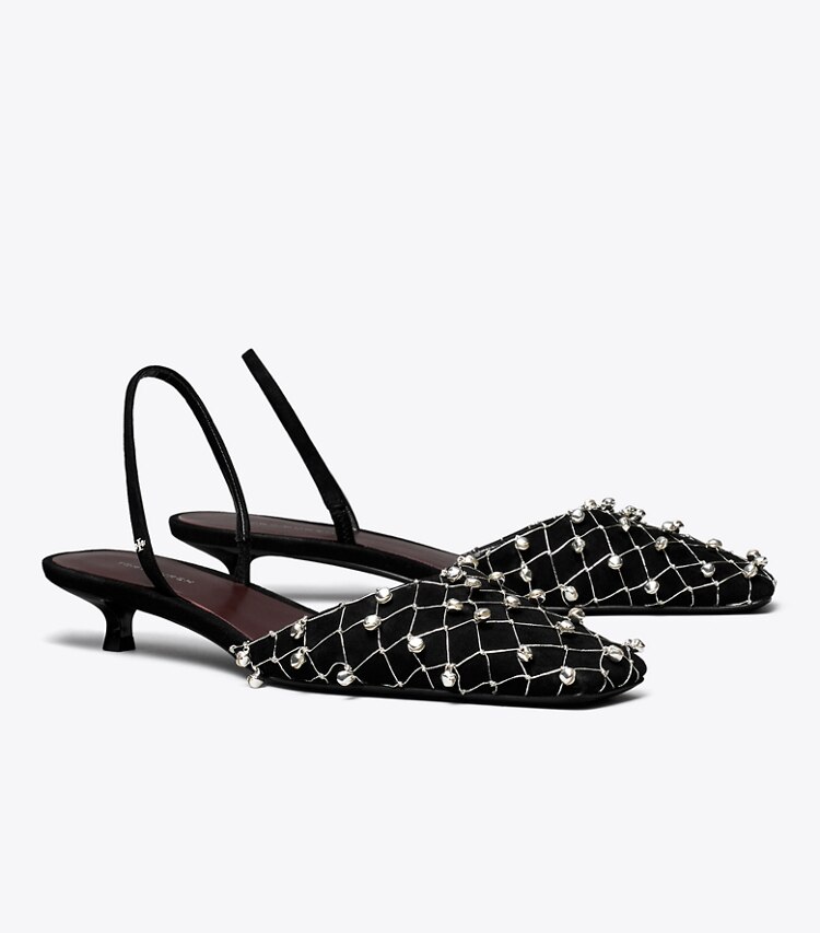 Tory Burch diseñador tacones Zapato con tira trasera Bell en PERFECT BLACK ángulo