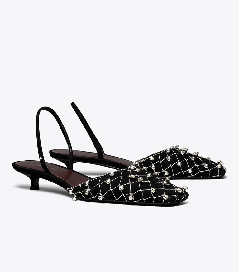 Tory Burch diseñador tacones Zapato con tira trasera Bell en PERFECT BLACK ángulo