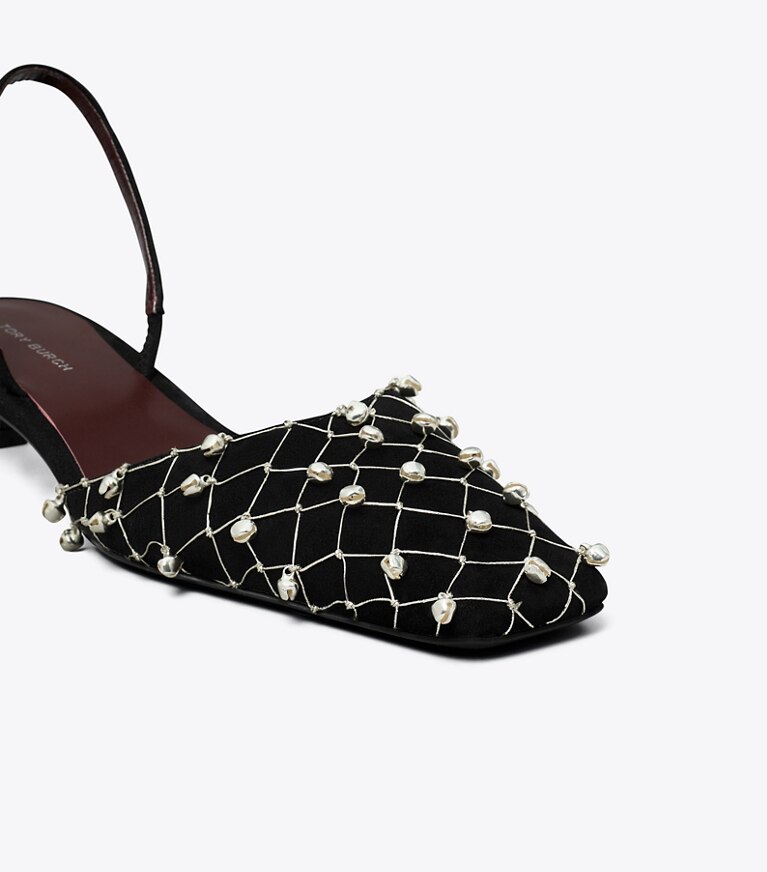 Tory Burch diseñador tacones Zapato con tira trasera Bell en PERFECT BLACK detalle