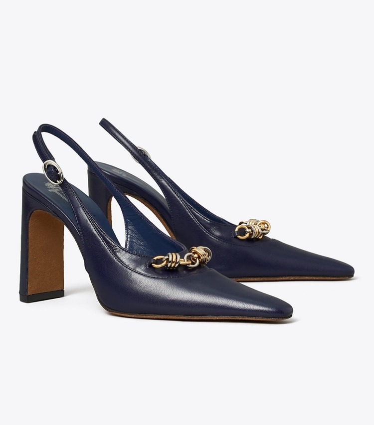 Tory Burch diseñador tacones Zapato con tira trasera con cadena de pasarela en INK BLOT ángulo