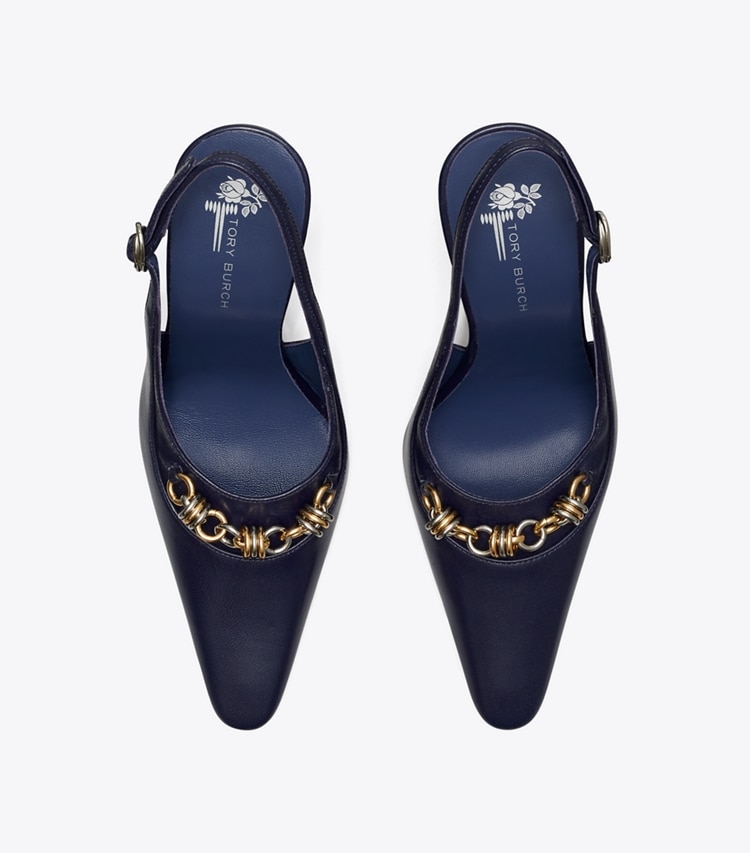 Tory Burch diseñador tacones Zapato con tira trasera con cadena de pasarela en INK BLOT vista superior