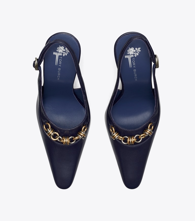 Tory Burch diseñador tacones Zapato con tira trasera con cadena de pasarela en INK BLOT vista superior