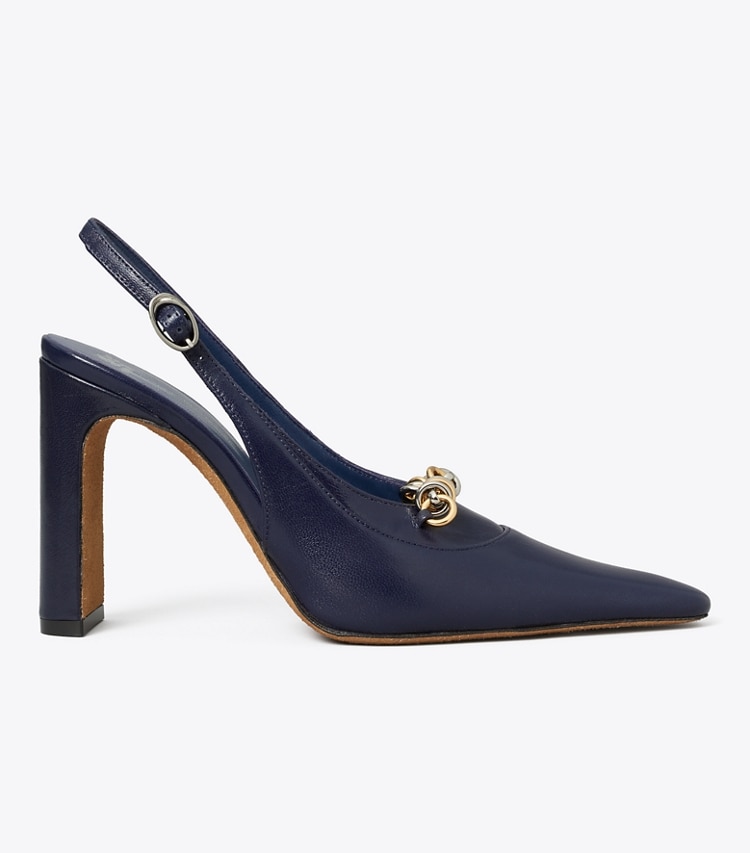 Tory Burch diseñador tacones Zapato con tira trasera con cadena de pasarela en INK BLOT lateral