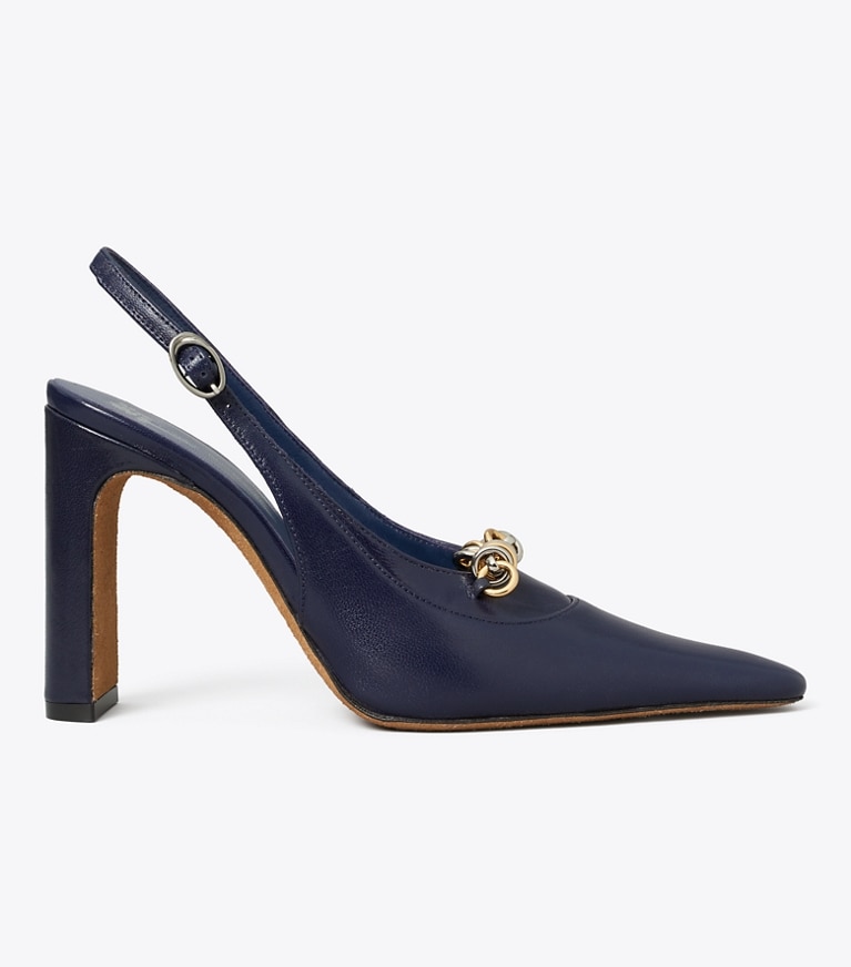 Tory Burch diseñador tacones Zapato con tira trasera con cadena de pasarela en INK BLOT lateral
