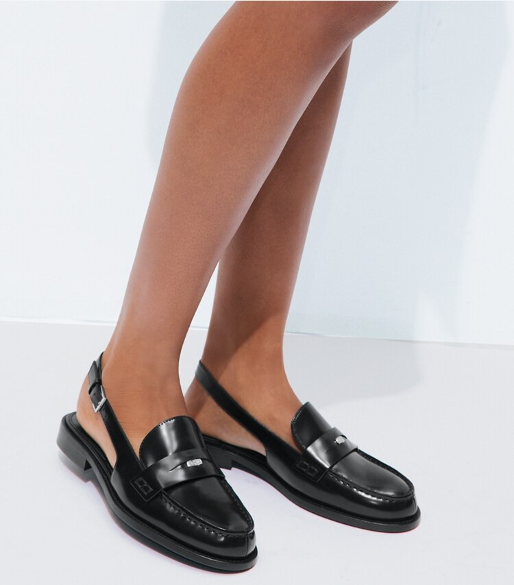 Tory Burch diseñador zapatos planos Zapato con tira trasera con piel grabada en relieve Penny clásico en PERFECT BLACK accesorio en modelo
