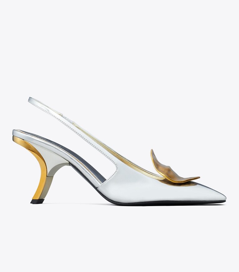 Tory Burch diseñador tacones Zapato con tira trasera despareja Patos en ARGENTO / GOLD lateral