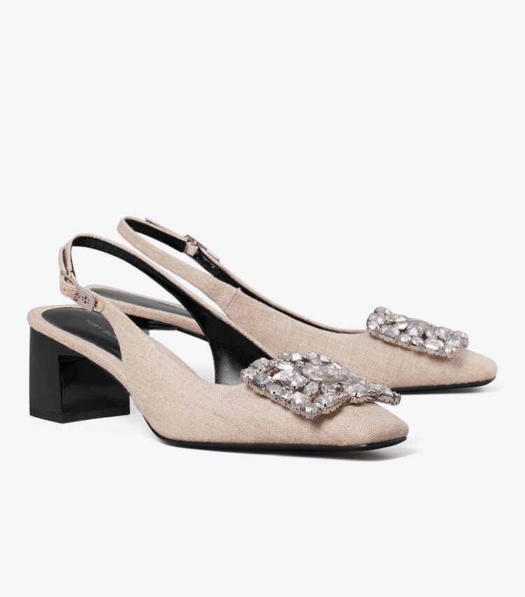 Tory Burch diseñador tacones Zapato con tira trasera Georgia Crystal en DESERT TAUPE ángulo