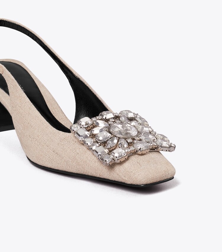 Tory Burch diseñador tacones Zapato con tira trasera Georgia Crystal en DESERT TAUPE detalle