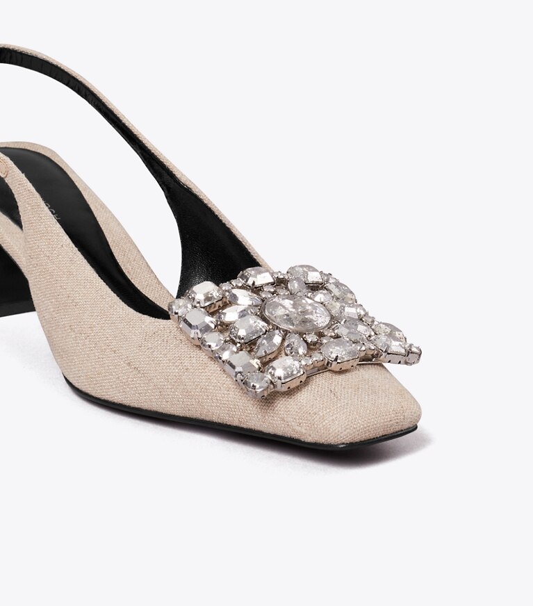 Tory Burch diseñador tacones Zapato con tira trasera Georgia Crystal en DESERT TAUPE detalle