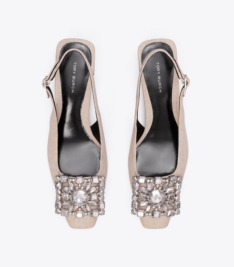 Tory Burch diseñador tacones Zapato con tira trasera Georgia Crystal en DESERT TAUPE vista superior