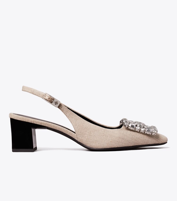 Tory Burch diseñador tacones Zapato con tira trasera Georgia Crystal en DESERT TAUPE lateral