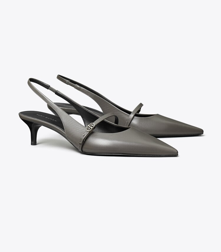 Tory Burch diseñador tacones Zapato con tira trasera Mary Jane con hebilla doble T en DARK GRIGIO / DARK GRIGIO ángulo