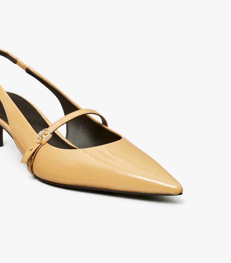 Tory Burch diseñador tacones Zapato con tira trasera Mary Jane con hebilla doble T en BISCOTTI / BISCOTTI detalle