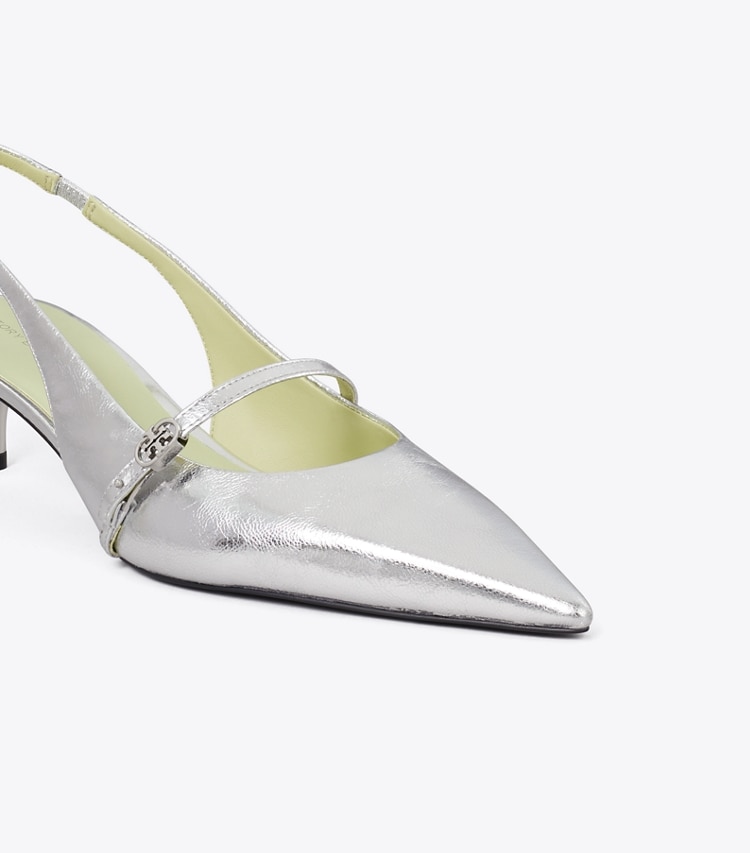 Tory Burch diseñador tacones Zapato con tira trasera Mary Jane con hebilla doble T en SILVER detalle