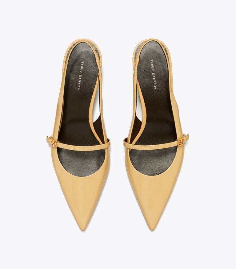 Tory Burch diseñador tacones Zapato con tira trasera Mary Jane con hebilla doble T en BISCOTTI / BISCOTTI vista superior