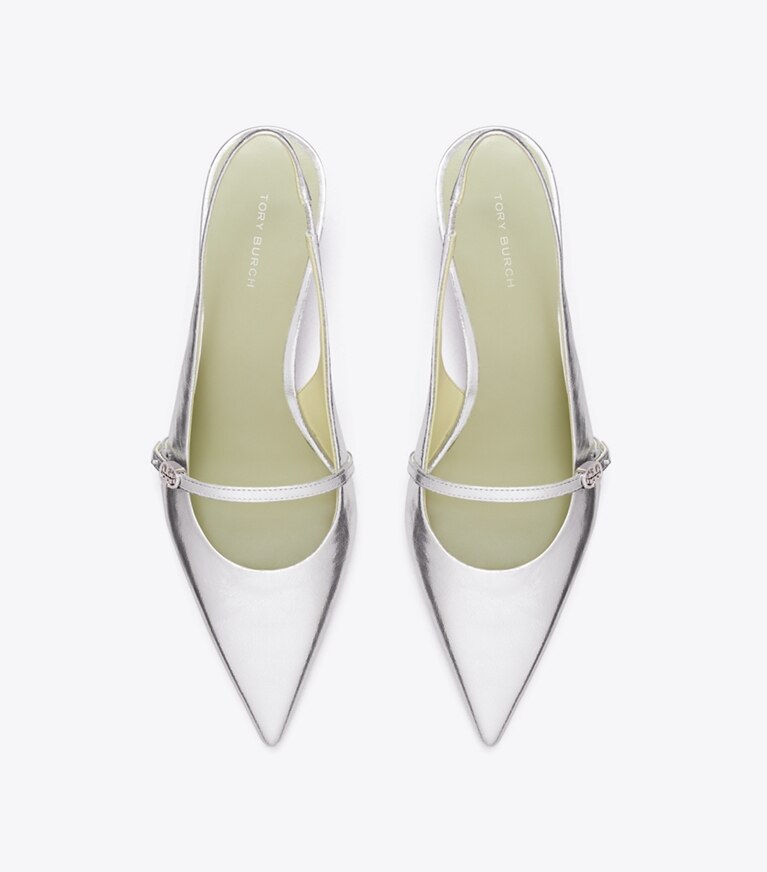 Tory Burch diseñador tacones Zapato con tira trasera Mary Jane con hebilla doble T en SILVER vista superior