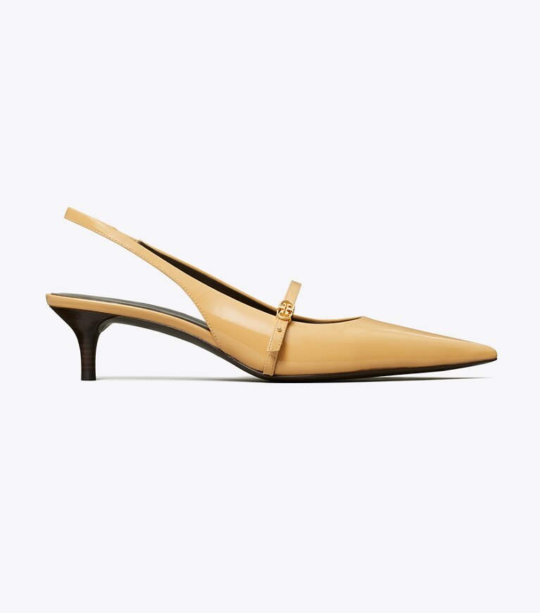 Tory Burch diseñador tacones Zapato con tira trasera Mary Jane con hebilla doble T en BISCOTTI / BISCOTTI lateral